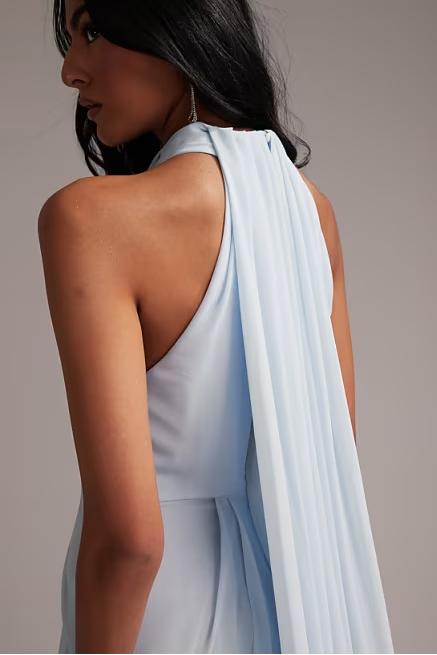 Açık Mavi Grek Drapeli Halter Maxi Elbise