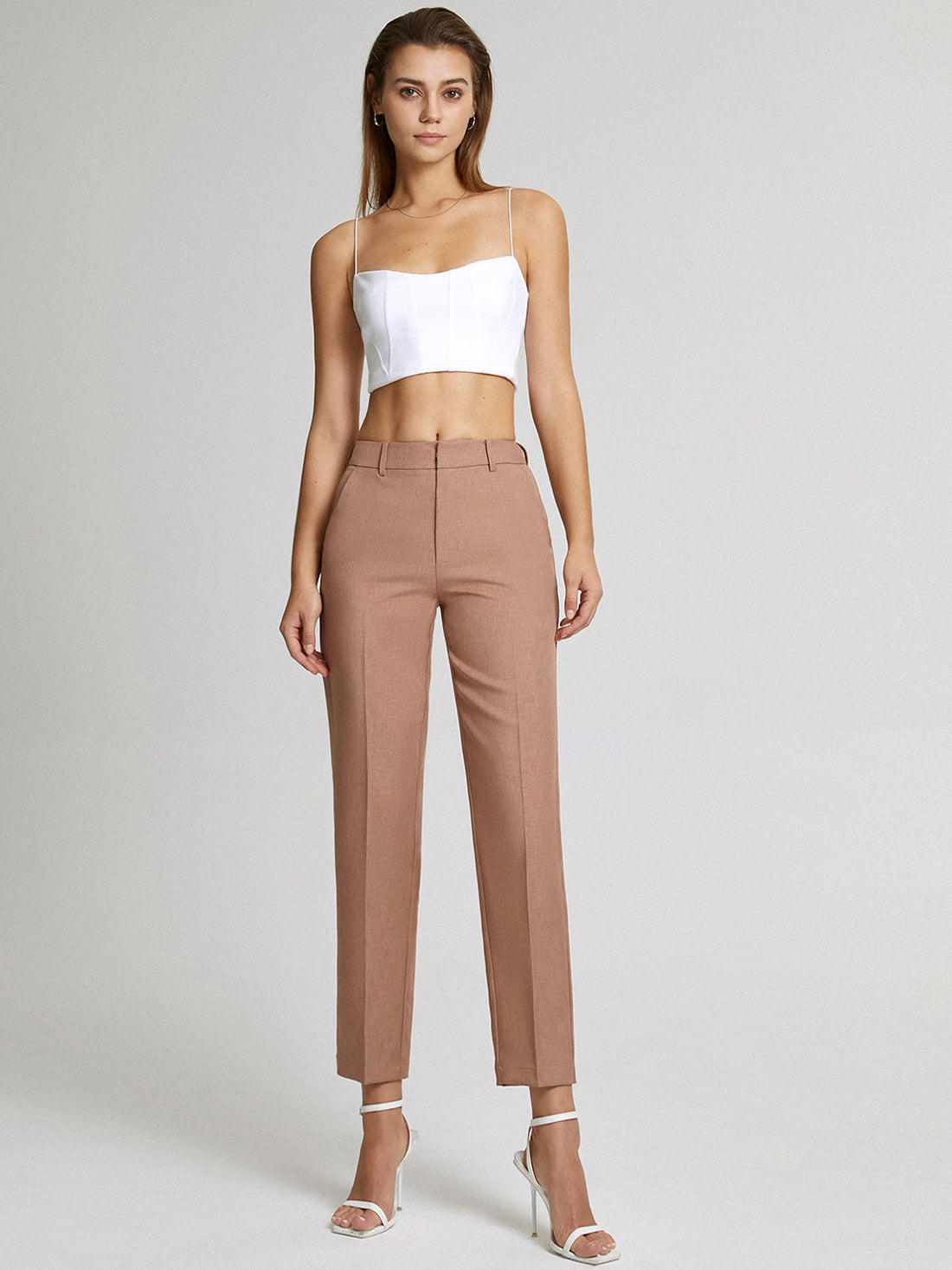 Yüksek Bel Kırpılmış Skinny Düz Paça Pantolon
