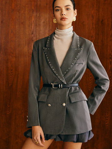 Kemersiz Boncuklu Dekore Blazer