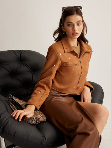 Çivili Fermuarlı Crop Blazer