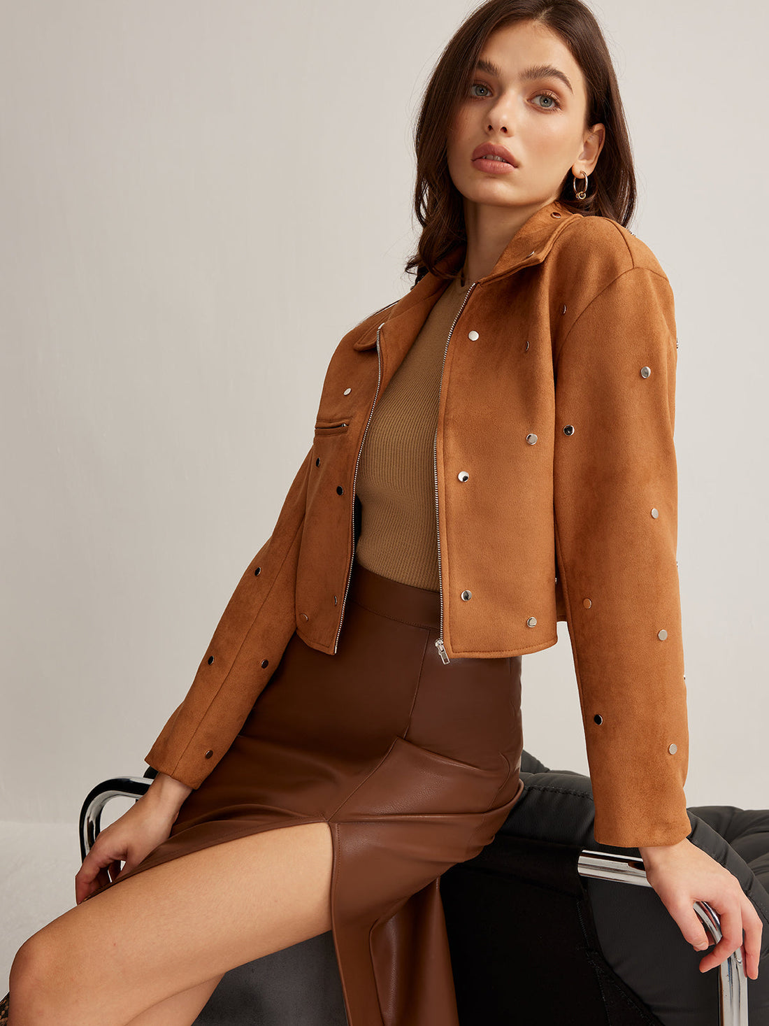 Çivili Fermuarlı Crop Blazer